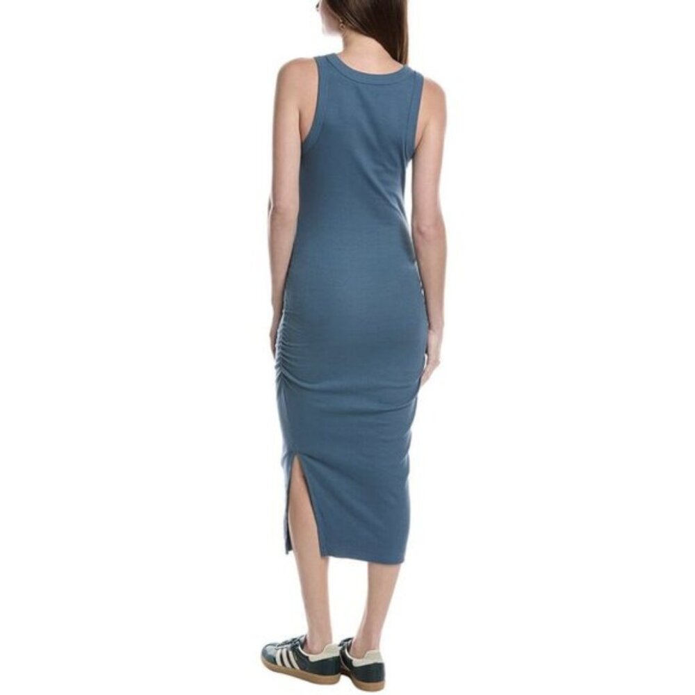 MICHAEL STARS Lucinda Ultra Rib Ribbed Bodycon Ruched Midi Dress Pebble Medium - Picture 2 of 13